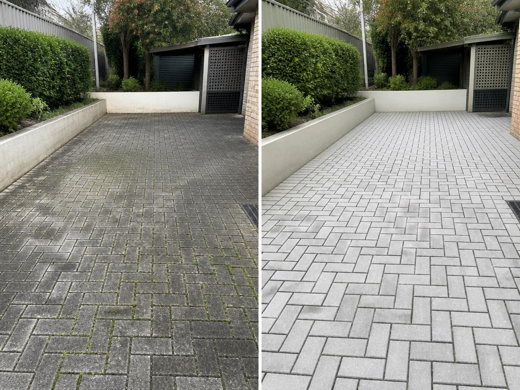 Paver patio cleaning before and after